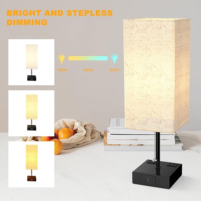 Table Lamp for Bedroom with USB,Bedside Lamp with USB C+A Charging Ports,Adjustable 3color LED Light for Home Decor/Nightstand/Office,Included Bulb and Fabric Lamp Shade (Linen White, 2PCS) - Bloomnest