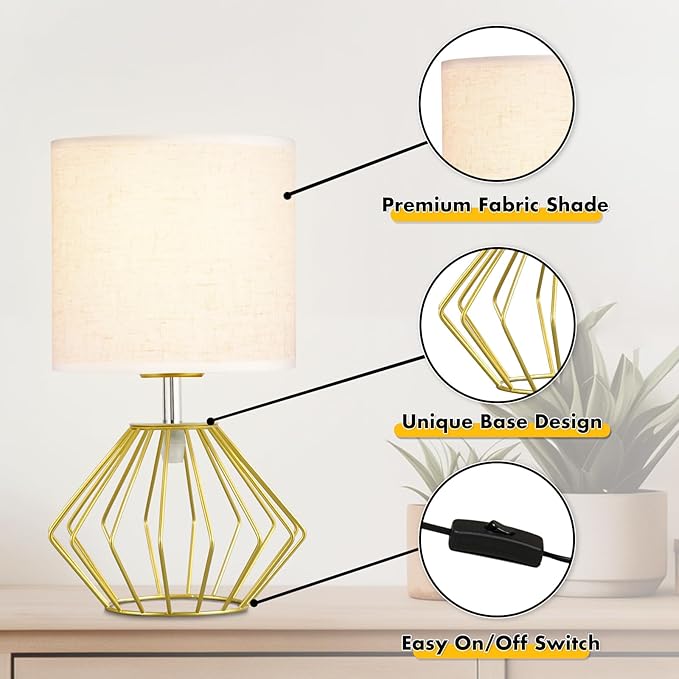 Hamilyeah Table Lamps Set of 2, Gold Bedside Lamps with On/Off Switch, Industrial Night Stand Lamps with Linen Beige Fabric Shade, Simple Modern Lamp for Bedroom, Living Room - Bloomnest