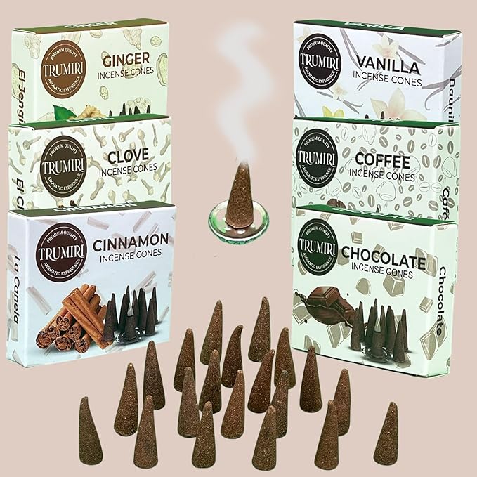 TRUMIRI Gourmet Incense Cones - Variety Pack - Total 60 Cone Incense (6 Scents x 10 Conos) - Vanilla, Cinnamon, Coffee, Chocolate, Clove, Ginger - Cone Incense Scents - Insense Cones - Incent Cone TRUMIRI
