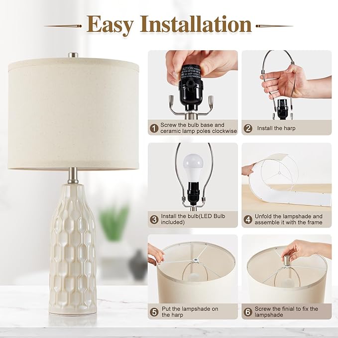 Luvkczc 24.8" Ceramic Table Lamps Set of 2 with 3 Color Temperature & Bulbs Included - Bedside Lamps for Nightstand, Living Room, Bedroom, Home Office Decor - Bloomnest