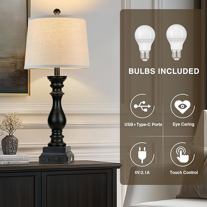 28" Farmhouse Table Lamps Set of 2 with USB C+A Ports and AC Outlet, 3 Way Touch Tall Vintage Bedside Lamp for Living Room, Black Rustic Nightstand Lamp for Bedroom Office - Bloomnest