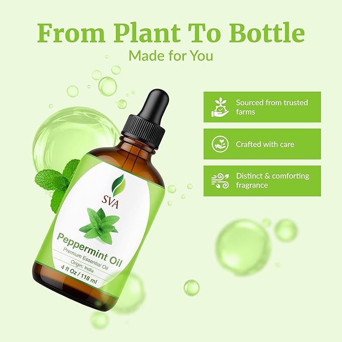 SVA Peppermint Essential Oil – 4 Fl Oz – 100% Natural Peppermint Oil - for Diffuser, Hair Care, Face, Skin Care, Aromatherapy, Scalp and Body Massage, Soap and Candle Making - with Dropper - Bloomnest