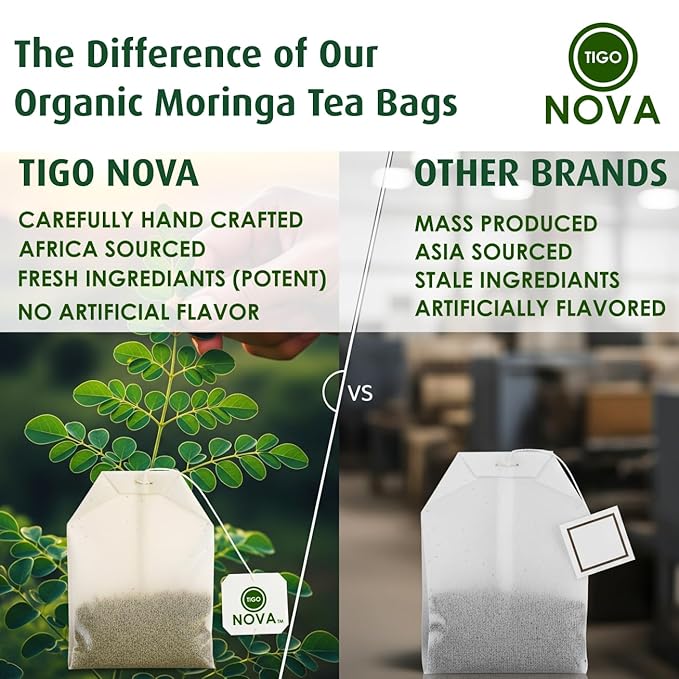 Premium Organic Moringa Tea Bags, 100% Natural and Organic Ingredients, Caffeine free | Authentic African Origin | Eco-conscious Teabags (15 count) Immune System & Digestion Support Herbal Tea - Bloomnest