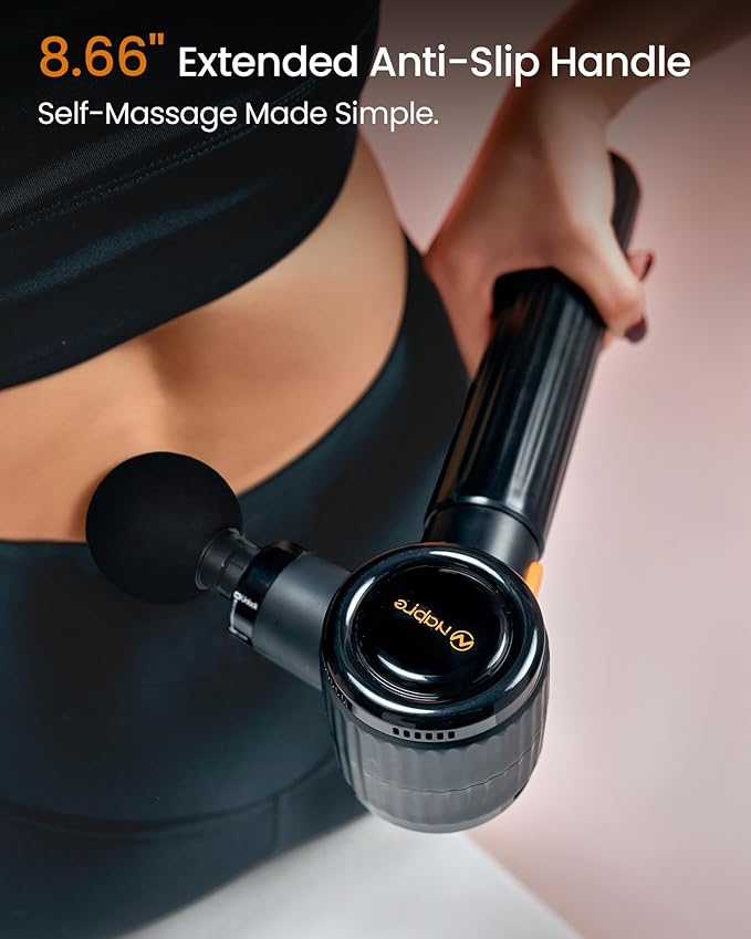 NAPRE Massage Gun with Extension Handle and 3 Adjustable Angles,Deep Tissue Back Massage for Neck/Shoulders/Waist/Legs/Body Pain Relief,Handheld Percussion Muscle Massager with Portable Case,Black - Bloomnest
