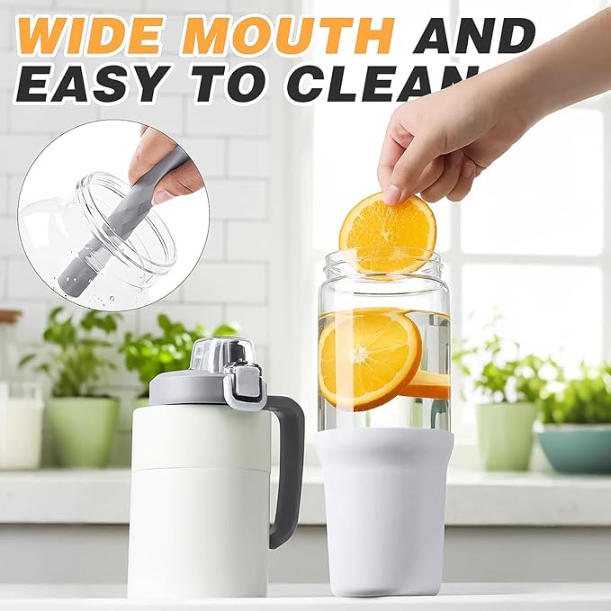 32 oz Glass Tumbler with Handle, 2-in-1 Straw and Sip Spout, Leakproof, BPA-Free Glass Water Bottle for Sports, Office, School, White - Bloomnest