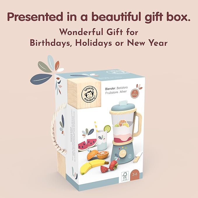 SPEEDY MONKEY Smoothie Maker Blender Set - FSC Wooden Food Blender Toy for Kids, Pretend Play Kitchen Appliance, Role Play Toy Mixer for Toddlers, Fun Fruity Smoothie Playset to Make a Healthy Shake - Bloomnest