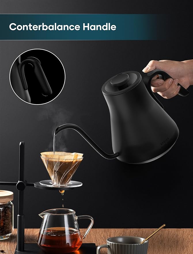 Gooseneck Electric Kettle with ±1℉ Temperature Control for Pour Over Coffee & Tea, Quick Heating, BPA-Free Stainless Steel, Built-in Brew Timer, 1500W/0.9L (Ebony Black) - Bloomnest