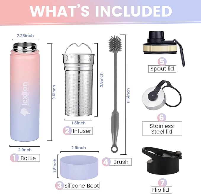 Lexlion Tea Infuser Water Bottle 22 Oz – Triple Wall Insulated Stainless Steel, Loose Leaf & Fruit Strainer, 3 Leakproof Lids, BPA-Free Silicone Sleeve, Reusable Thermal Mug - Bloomnest