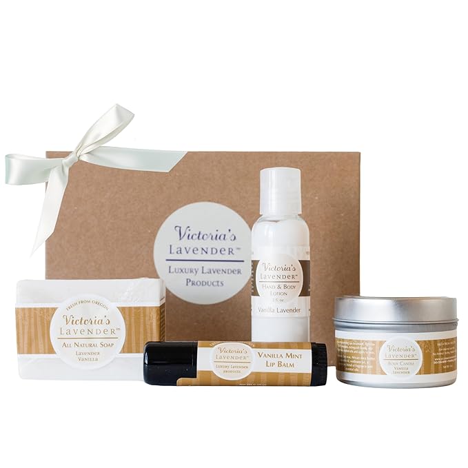 Victoria's Lavender Natural Body Products Gift Set - Handmade Soap, Lotion, Lip Balm, Body Candle Skin Care Sets & Kits, Made in the USA Lavender Bath Products for Women, Vanilla Lavender - Bloomnest