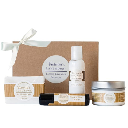 Victoria's Lavender Natural Body Products Gift Set - Handmade Soap, Lotion, Lip Balm, Body Candle Skin Care Sets & Kits, Made in the USA Lavender Bath Products for Women, Vanilla Lavender - Bloomnest