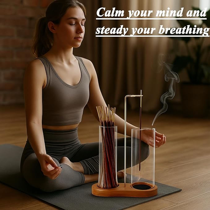 Glass Incense Holder, 2 in 1 Incense Holder for Sticks Incense Burner Holder with Storage & Sticky Pads, Anti-Ash Flying Incense Burne and Organizer Meditation Yoga Spa Room Decor - Bloomnest