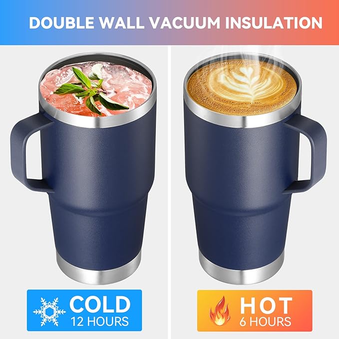 VEGOND 20 oz Tumbler Bulk with Handle Lid and Straw, Stainless Steel Insulated Travel Coffee Mug Set, Spill Proof Double Wall Metal Tumblers Cups, Powder Color Navy Blue 12 Pack - Bloomnest