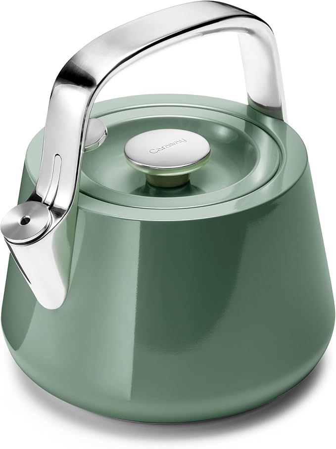 Caraway 2 Quart Whistling Tea Kettle - Durable Stainless Steel Tea Pot - Fast Boiling, Stovetop Agnostic - Non-Toxic, PTFE & PFOA Free - Includes Pot Holder - Sage - Bloomnest
