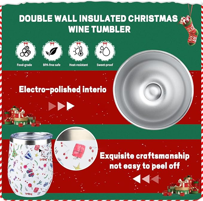 12oz Christmas Wine Tumbler with Lid and Straw,Stainless Steel Insulated Stemless Wine Tumbler Double Wall Vacuum Wine Cups Tumbler Christmas Gifts for Women Men(Xmas Elements,2) - Bloomnest