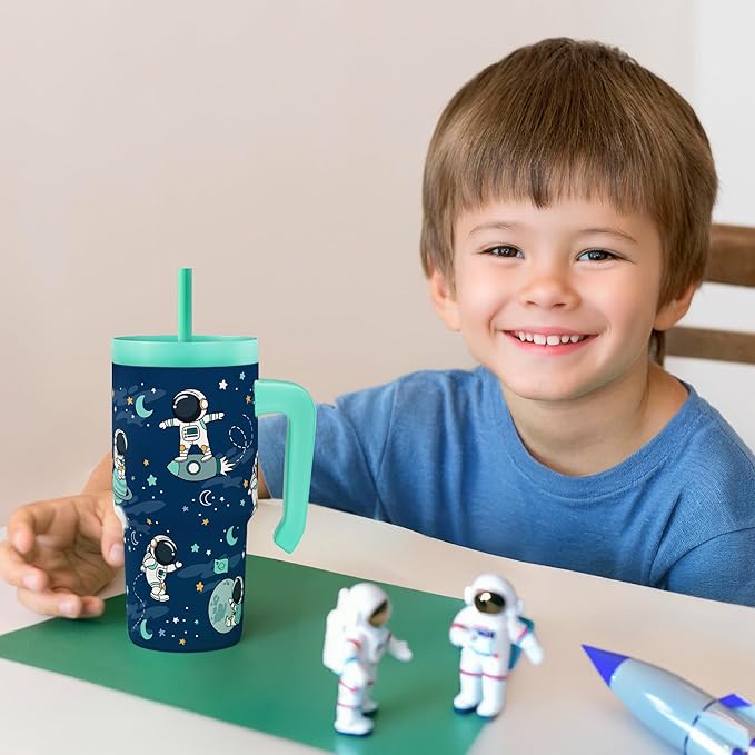 Astronaut Tumbler 20oz with Handle and Silicone Straw Lid for Kid, Insulated Stainless Steel Cup, Gift for Kids Boys, Gifts Idea for Birthday Christmas Back to School - Bloomnest
