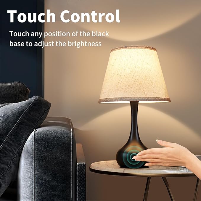 ONEWISH Touch Bedside Lamp Set of 2, Farmhouse 3-Way Dimmable Table Lamps for Nightstand with Fabric Shade, Desk Lamp for Reading, Bedroom, Livingroom, Office - Bloomnest