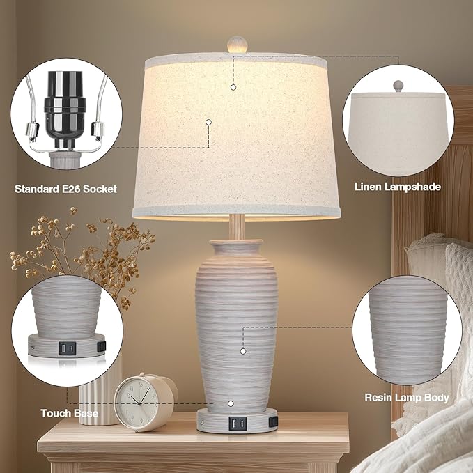 25" Vintage Farmhouse Jar Table Lamps, Single Rustic Bedside Lamp with USB A+C Ports & AC Outlet, Nightstand Lamps for Living Room, Bedroom, End Table, Grey White(LED Bulb Included) - Bloomnest