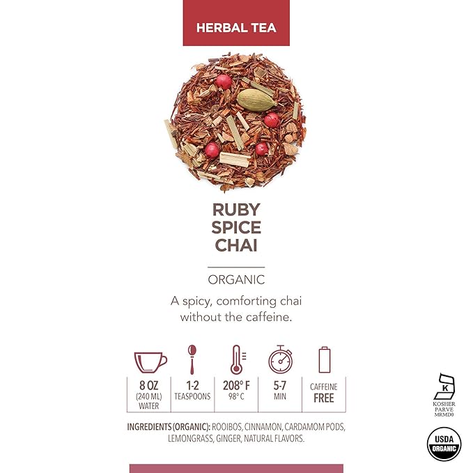 Teabloom Organic Herbal Tea, Ruby Spice Chai Loose Leaf Tea, Spicy and Rich Rooibos Chai with No Caffeine, USDA and EU Certified Organic, Fresh Whole Leaf Blend in Reusable Gift Canister, 3 oz/85 g Canister Makes 35-50 Cups - Bloomnest