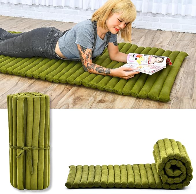 Leewadee - Foldable Floor Mattress - Japanese Roll Up Futon -Trifold Tatami Mat- Guest Floor Bed - Camping Mattress - Thai Massage Mat, Kapok Filled, 75 x 28 inches, Green - Bloomnest