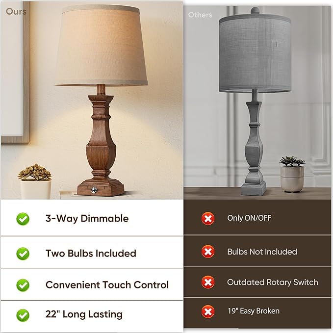 ROTTOGOON Dimmable Table Lamps Set of 2, Rustic Farmhouse Table Lamps for Living Room Bedroom, Bedside Desk Lamps for end Tables, Touch Lamps for nightstand, 9W Bulbs Included, 22", Brown - Bloomnest