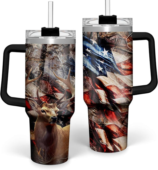 SANDJEST Hunting Tumbler with Handle for Men, Hunter Gifts for Men Dad Grandpa Husband Boyfriend, 40oz Stainless Steel Insulated Tumblers Hunters Gift for Birthday Christmas Fathers Day