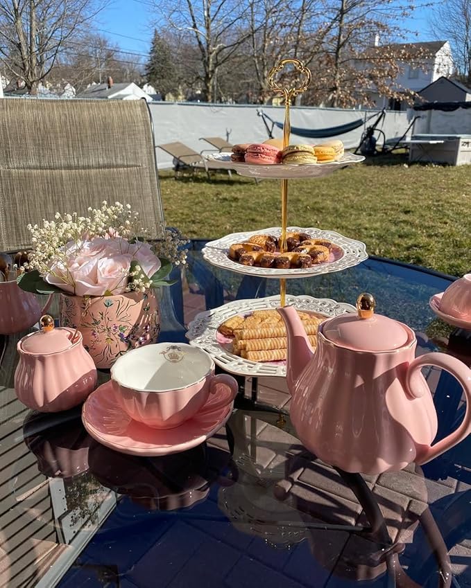 Sweejar Porcelain Tea Sets British Royal Series, 8 OZ Cups & Saucer Service for 6, with Teapot Sugar Bowl Cream Pitcher Teaspoons and Tea Strainer, Suitable for High Tea, Wedding, Party (Pink) - Bloomnest