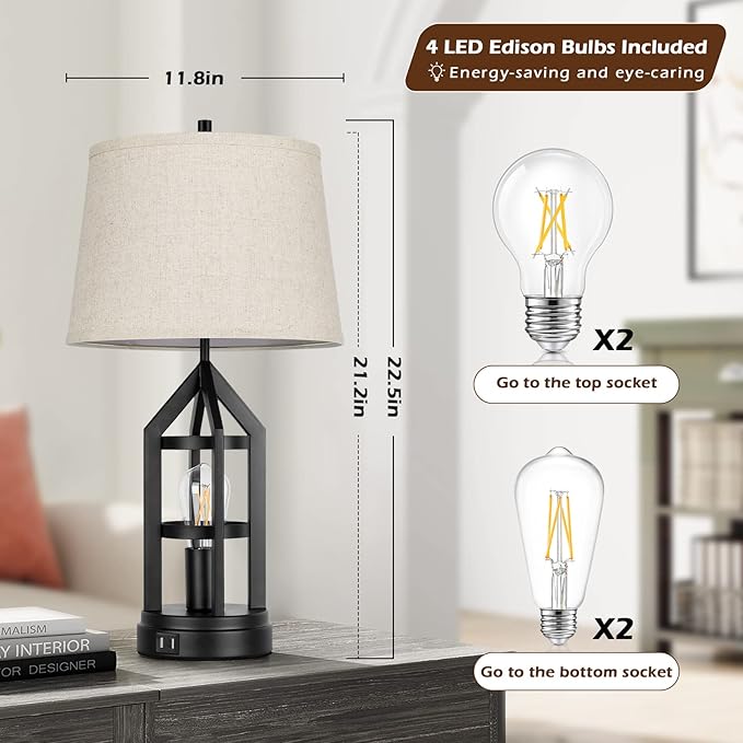 Farmhouse Table Lamps for Living Room Set of 2, 3-Way Dimmable Touch Control Bedside Lamps with 2 USB Charging Ports, Bedroom Reading Lamps for Nightstand, Rustic Home Decor, 4 LED Bulbs Included - Bloomnest