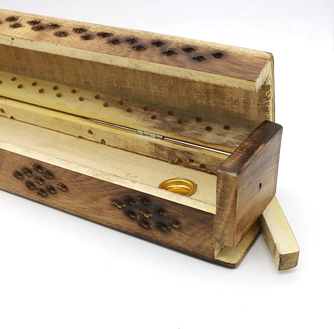 SOUL STICKS Handmade Carved Incense Burner Wooden Coffin Box with Storage Includes Go Away Evil Incense Sticks (Skull of Luck) - Bloomnest