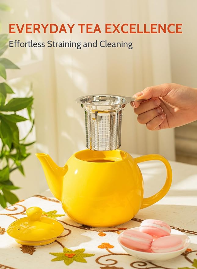 Sweese Teapot, Porcelain Tea Pot with Stainless Steel Infuser, Blooming & Loose Leaf Teapot - 27 ounce, Yellow - Bloomnest