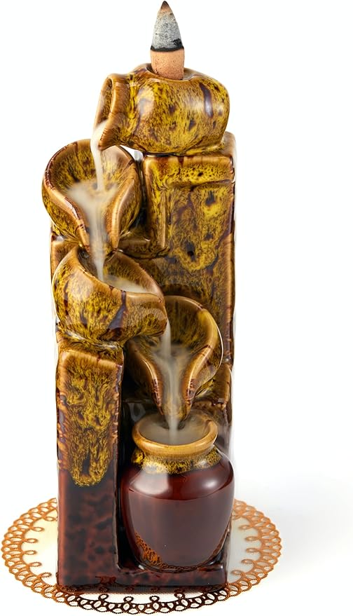 Unique Cascading Basins Ceramic Waterfall Incense Holder, Paired with a Pack of Backflow Incense Cones. (Fambe Yellow) - Bloomnest
