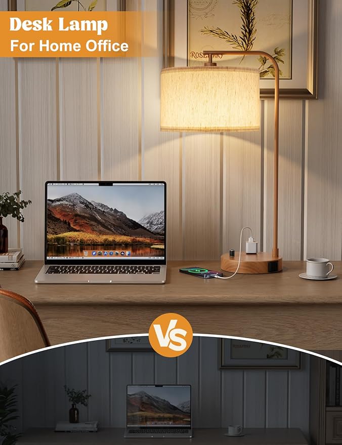 Innqoo Wood Tall Table Lamp with USB Port and Outlet, Dimmable Nightstand Bedside Lamps with Linen Lampshade, Desk Lamp for Bedroom, Living Room, Guest Room, Home Office, LED Bulb Included - Bloomnest
