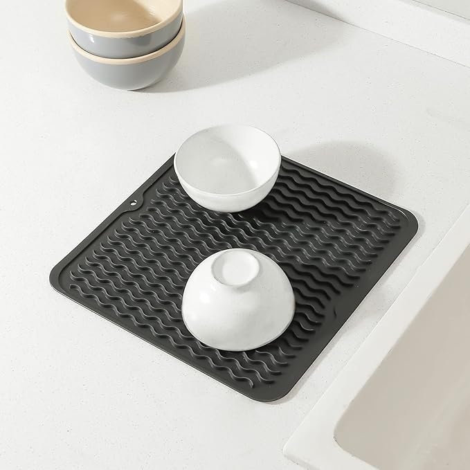 Silicone Dish Drying Mat for Multiple Usage,Easy clean,Eco-friendly,Heat-resistant Silicone Mat for Kitchen Counter or Sink,Refrigerator or Drawer liner Black M 12 inches x 12 inches - Bloomnest