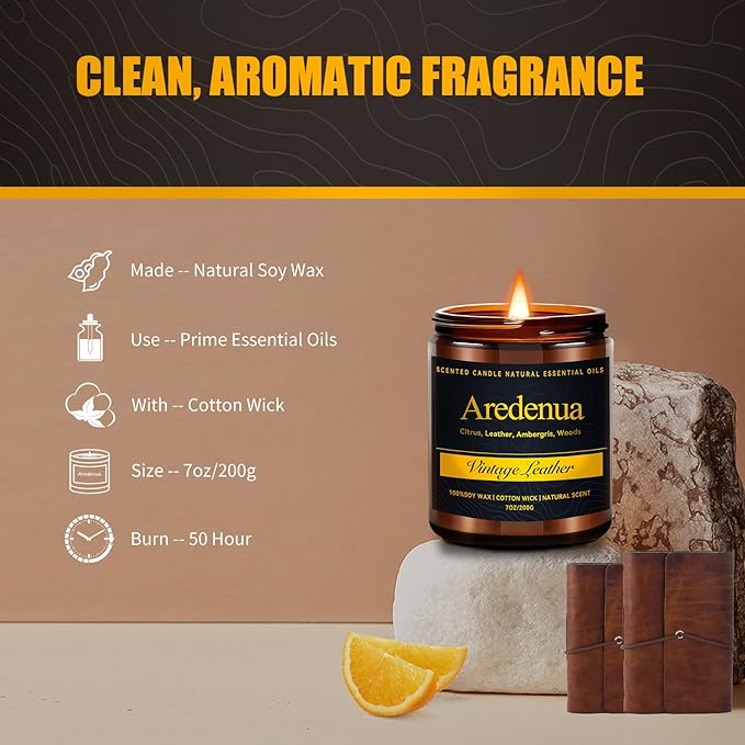 Vintage Leather Candle – Masculine Candles for Men, Soy Candles with Classic Leather Aroma, Long Lasting Manly Scented Candle for Home, Office, Lounge, Gift for Him - Bloomnest