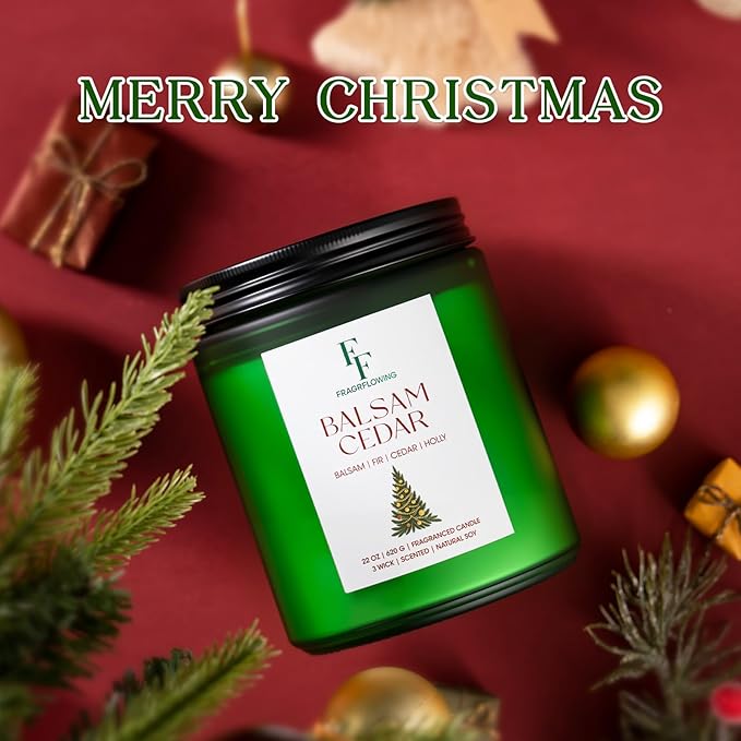 Large Christmas Candle Balsam Cedar Scented, 3-Wick 22oz Long Lasting Scented Candle, Natural Soy Wax Aromatherapy Candle for Home, Holiday Candle Gifts for Women Men - Bloomnest
