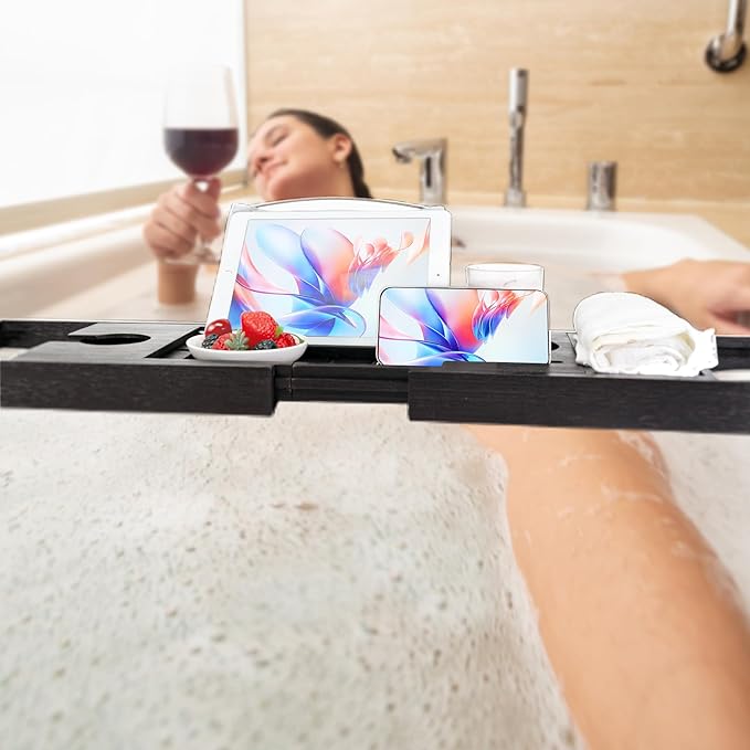 Utoplike Bamboo Bathtub Tray Caddy, Black Bath Tray Table for Tub, Adjustable Bathroom Organizer with Book Tablet Wine Glass Cup Towel Holder - Bloomnest