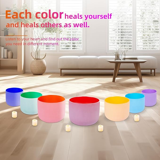 432HZ Set of 7 Colored Crystal Singing Bowls of Meditation 6-12 Inch Sound Bowl for Yoga, Chakra Healing,2PCS Travel Carry Case Bag1pcs Rubber Mallet 1pcs crystal mallets