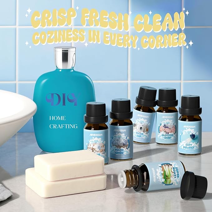 ARVIDSSON Clean Essential Oils Set, Natural Fragrance Oil for Diffuser, Soap Making - Fresh Linen, Clean Home, Fresh Cotton, Soft Powder, Blossom Soap, Lemongrass, Refreshing Scented Oils for Home - Bloomnest