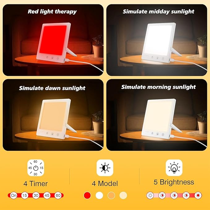 Sun Light Therapy Lamp with Red Light - 10000 Lux LED Sun Light Therapy Lamp for Face, Improving Mood, Energy, Sleep & Skin Care, with 4 Light Modes & 5 Brightness Levels, Timer, UV-Free Bloomnest