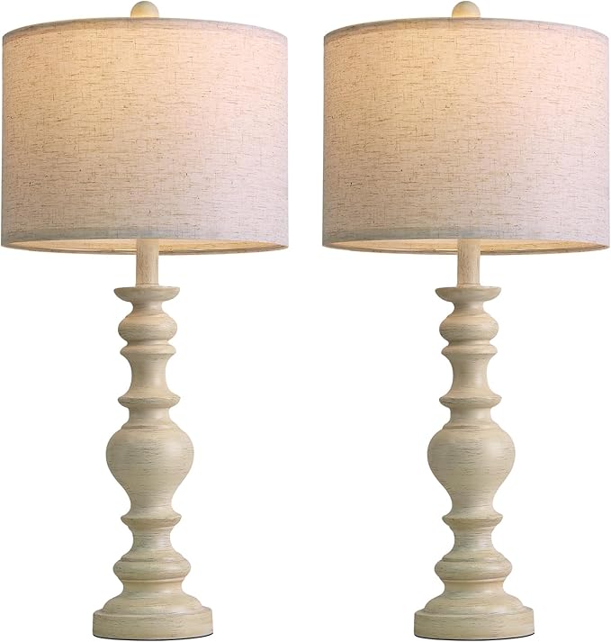 BOBOMOMO 27" Antique White Table Lamps Set of 2, Large Vintage Resin Lamps with Linen Shades, Farmhouse White Lamps for Bedroom, Living Room, or Console Table Elegant Home Décor - Bloomnest