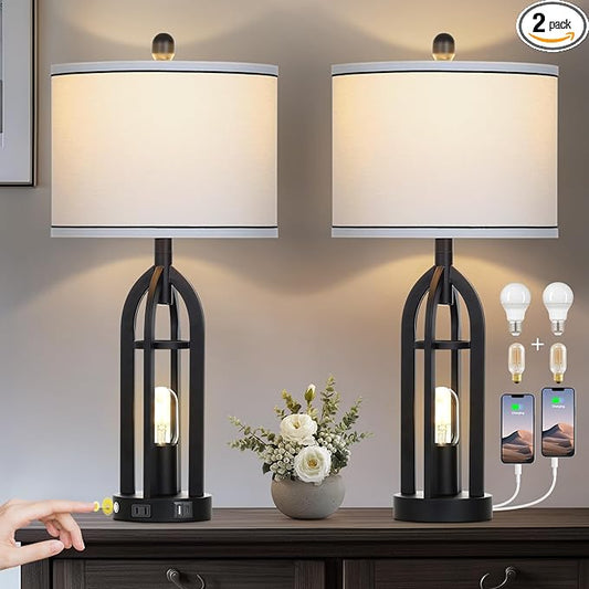 27" Black Table Lamp for Living Room,Black Table Lamps Set of 2 with USB & AC Outlet, 3-Way Dimmable Farmhouse Lamps for Night Stands, Vintage Bedside Lamp for End Tables, Nightstand Lamps for Bedroom - Bloomnest