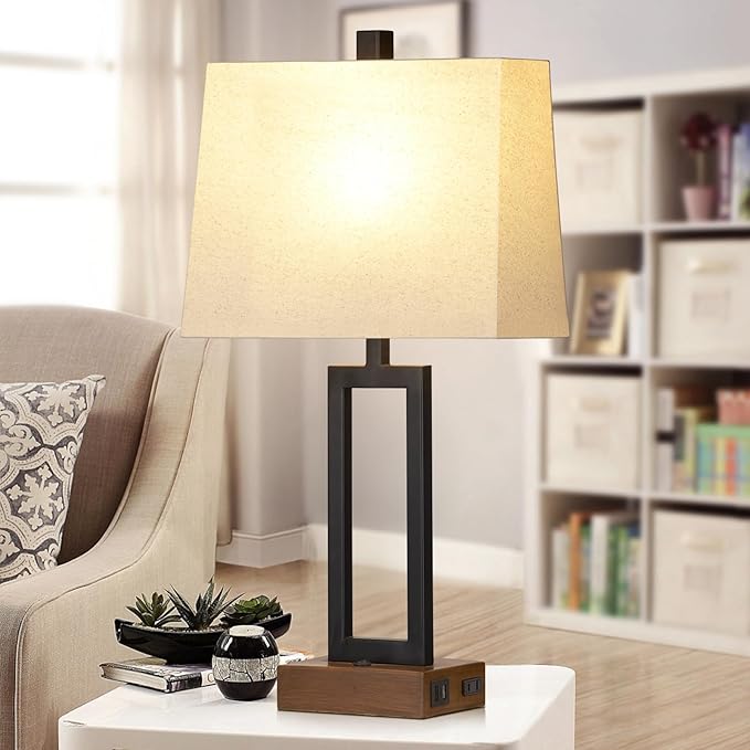 Table Lamp for Bedroom Set of 2 with 2 USB Ports and AC Power Outlet, 23.5" Modern Bedside Lamp, Wood Nightstand Lamp with Linen Shade for Living Room Hotel Desk(LED Bulb Included) - Bloomnest