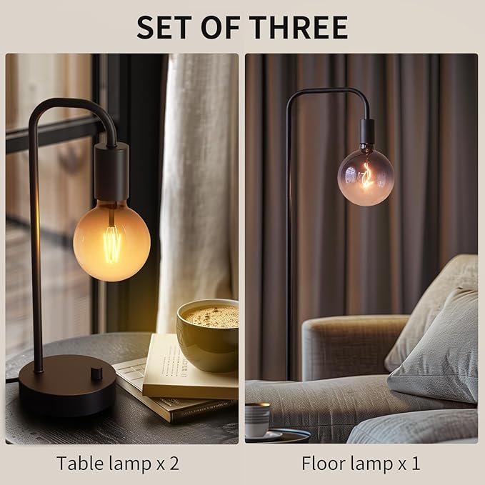 ONEWISH Industrial Lamp Set 3 Piece-1 Floor Lamp and 2 Dimmable Table Lamp- 3 Pack Modern Matching Floor and Table Lamp with Gradient Black Globe Bulb for Living Room,Bedroom(Bulb Included) - Bloomnest