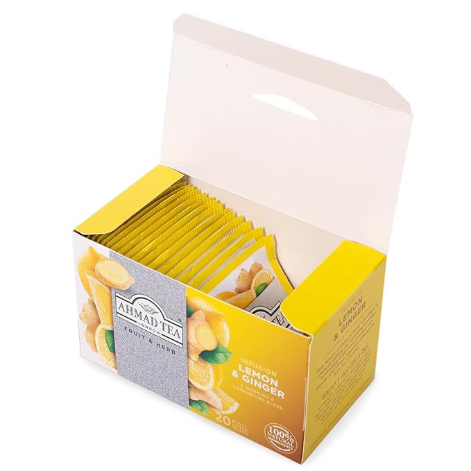 Ahmad Tea Herbal Tea, Lemon & Ginger Teabags, 20 ct (Pack of 1) - Decaffeinated & Sugar-Free - Bloomnest