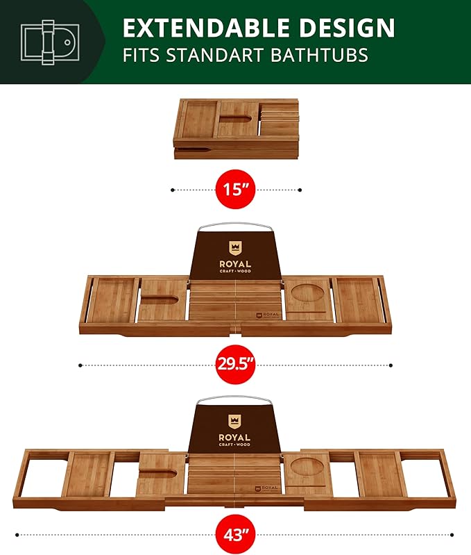 ROYAL CRAFT WOOD Premium Foldable Bathtub Tray - Wood Bath Tray for Tub, Bamboo Shelf, Expandable Bath Table Trays, Bathtub & Bathroom Accessories for New Home Gifts for Mom - Bloomnest
