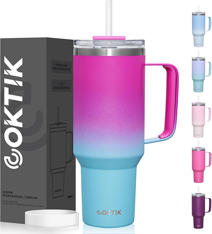 COKTIK 40 oz Tumbler With Handle and Straw Lid, Vacuum Insulated Travel Coffee Mug Stainless Steel Insulated Cup for Beverages, Leak-proof, Cupholder Friendly (Rose Plum) - Bloomnest
