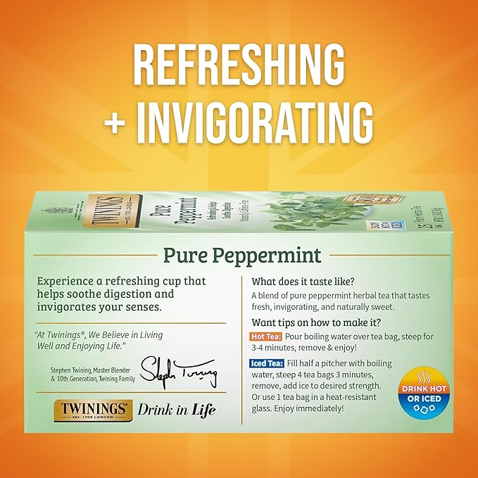 Twinings Pure Peppermint Herbal Tea Individually Wrapped Bags, 25 Count (Pack of 6), Fresh Minty Flavour, Naturally Caffeine-Free, Enjoy Hot or Iced, 150 Teabags - Bloomnest