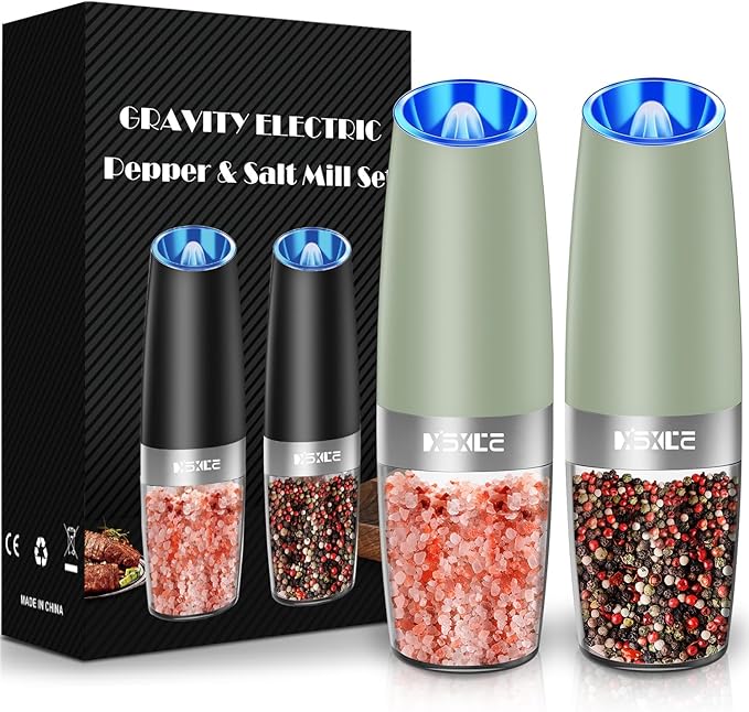 Gravity Electric Pepper and Salt Grinder Set, Adjustable Coarseness, Battery Powered with LED Light, One Hand Automatic Operation,Light Green, 2 Pack - Bloomnest