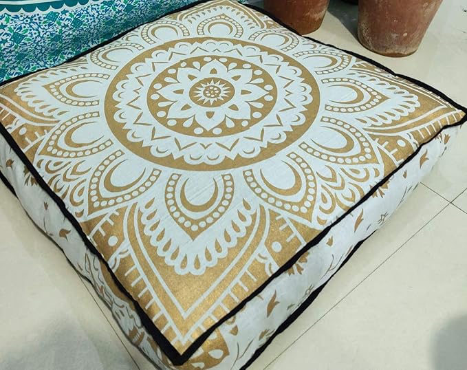 24" White Gold Flower Mandala Barmeri Large Floor Pillow Cover Cushion Meditation Seating Ottoman Throw Cover Hippie Decorative Zipped Bohemian Pouf Ottoman Pom Pom Cases 24 " square - Bloomnest