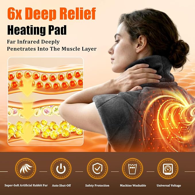 Weighted Heating Pad for Neck and Shoulders and Back,30s Fast Heating for Pain Relief, Ergonomic Heated Wrap, 160℉ Max Temp 8 Heat & 16 Auto-Off Timers,Memory Function,Christmas Gifts for Women,Black - Bloomnest