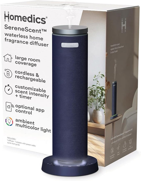Homedics SereneScent Fabric Rechargeable Waterless Diffuser, Use with Homedics SereneScent Oil 120ml (Sold Separately) Cordless Aromatherapy, Adjustable Mist & Timer, 6 Calming Lights, Future Dusk - Bloomnest